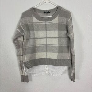 Anthropologie Grey and White Plaid Fleece Sweater w/ White Button Up Under